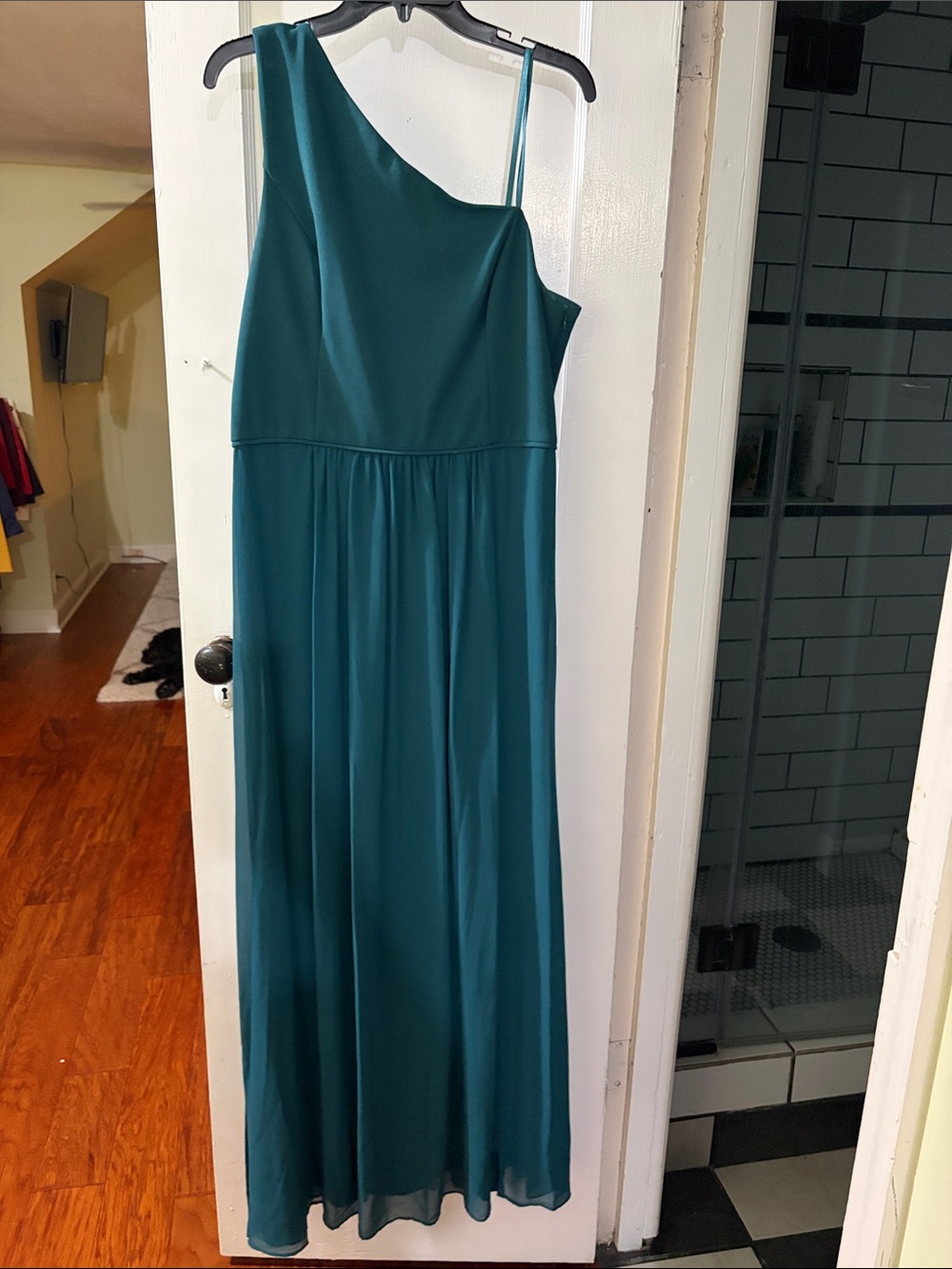 Adrianna Papell Teal One-Shoulder Evening Gown